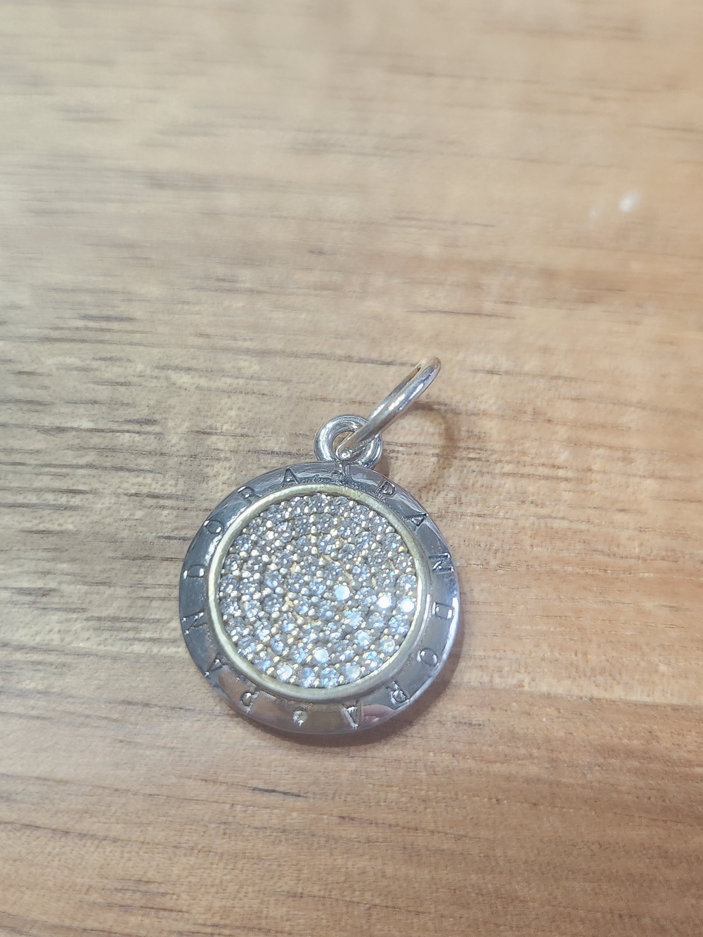 Pandora Sterling Silver Signature Pave Circle Pendant Logo Border Sparkling CZ